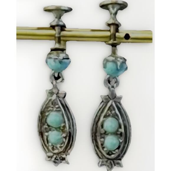 Turquoise Screwback Earring Set Vintage Dangle Silver Plated Southwestern Retro - Picture 8 of 12